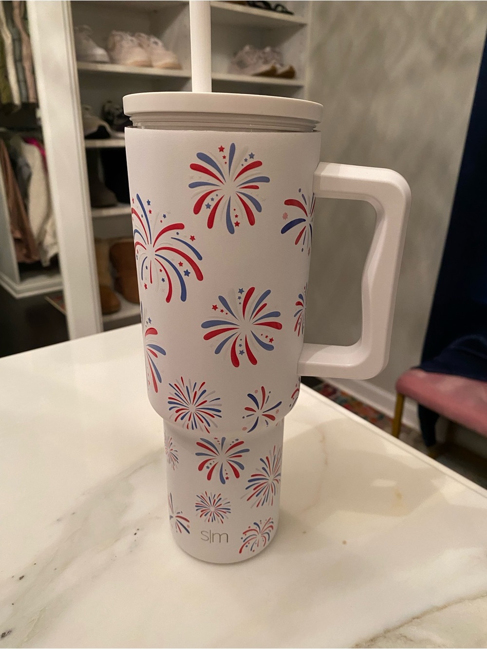Slim Red & Blue Firework Travel Tumbler with Handle